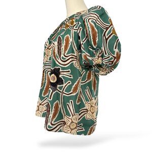 Ulla Johnson Jamilah Puff Short Sleeve Silk Blouse‎ Topaz-Navy-Tan Sz 2  EUC